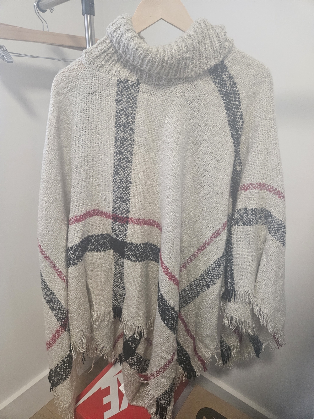 Eclipse Cream Turtleneck Poncho Sweater with Black and Red Plaid